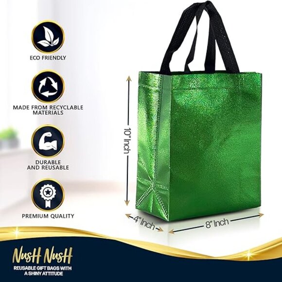 Green Gift Bags Medium Siz –Set of 12 Shiny Green Reusable Gift Bags With Handle - Picture 5 of 5